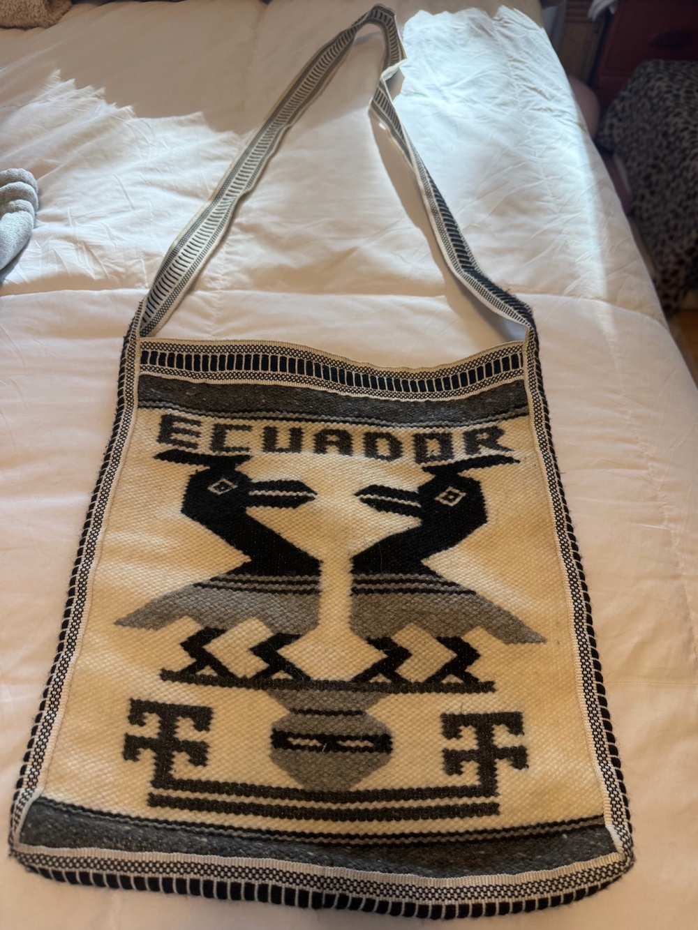 Traditional Ecuador Otavalo Woven Crossbody Handcrafted in Black and Cream